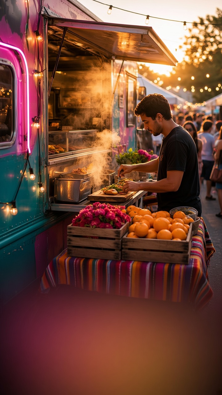 An independent seller working their stand at an evening market